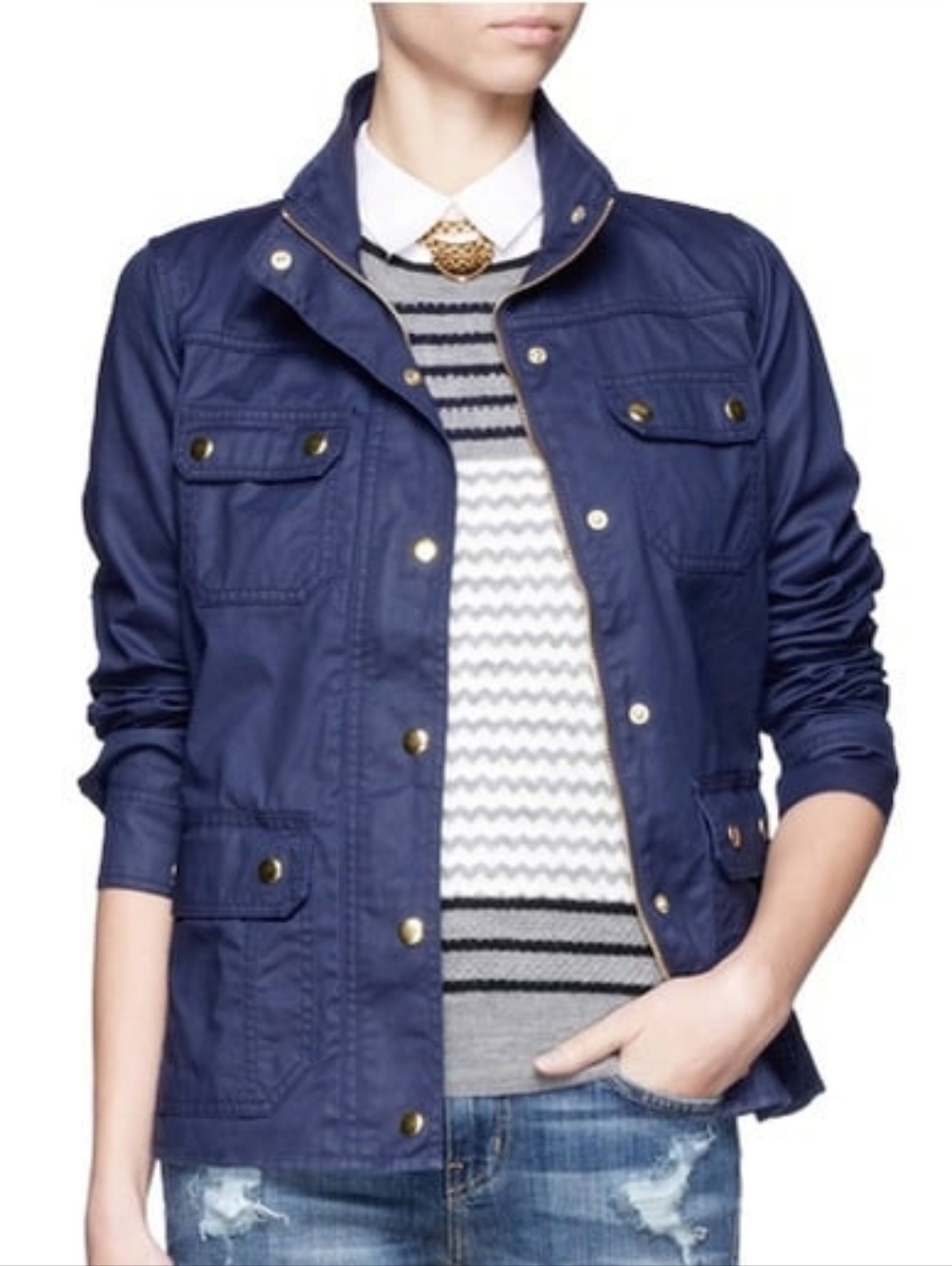 J. Crew 100%Waxed Cotton Downtown Field Utility Barn Jacket Navy Gold Buttons XS
